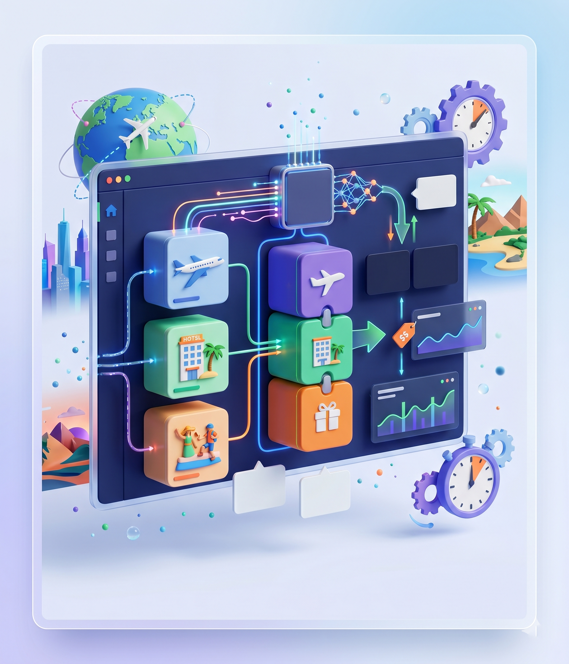 AI travel package optimizer dashboard for online travel agency — dynamic flight, hotel, and experience bundles