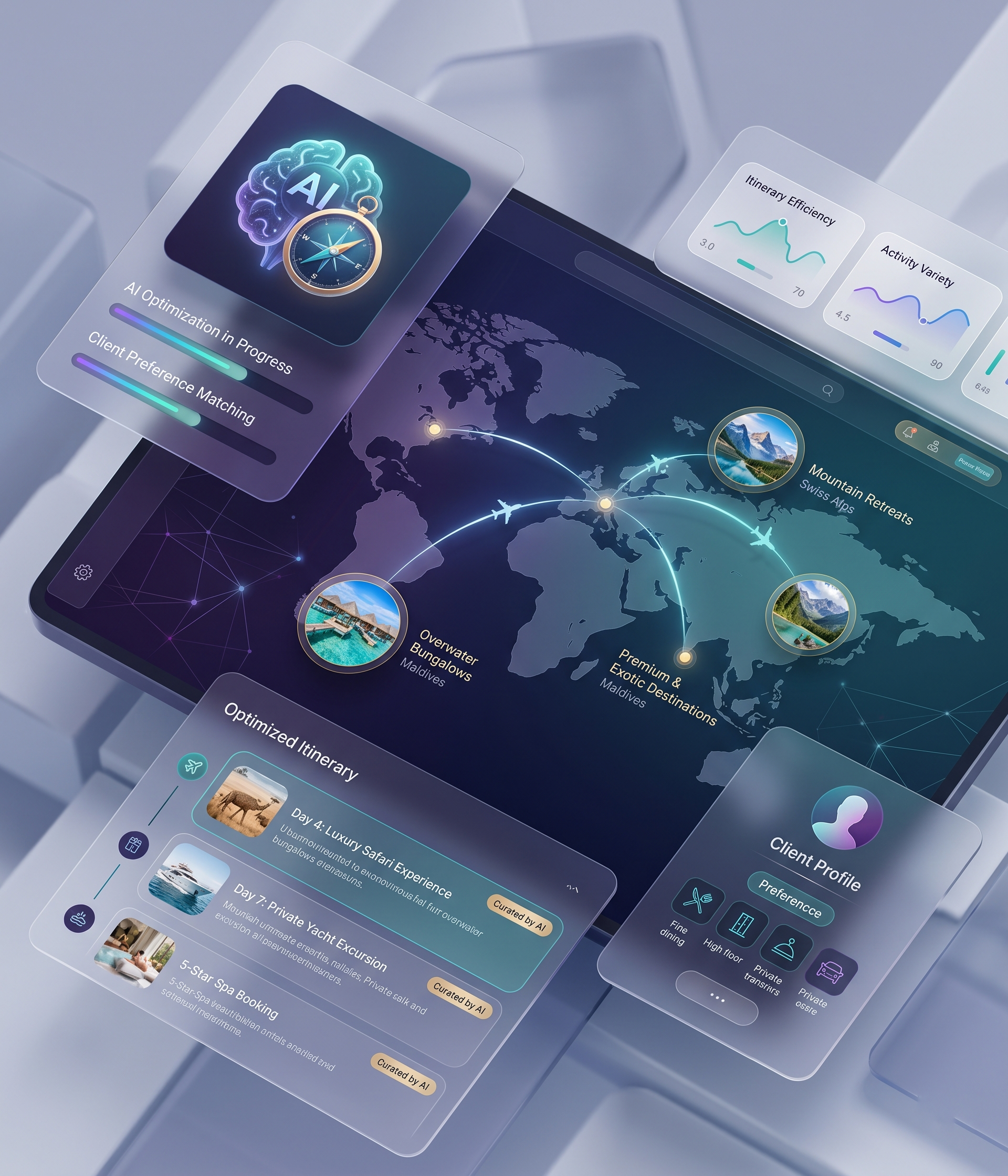 Travel CRM dashboard for luxury travel planner — inquiry pipeline and itinerary builder