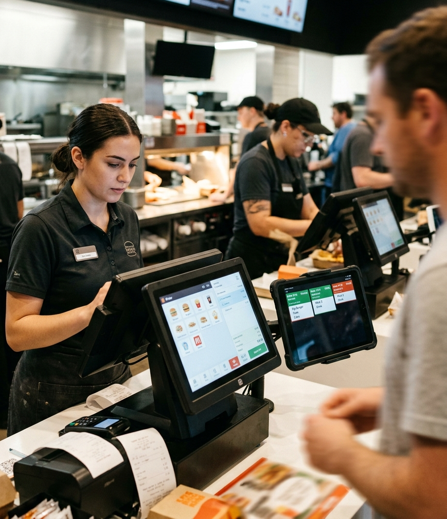 Restaurant management system dashboard for multi-location QSR chain — POS, KDS, and inventory