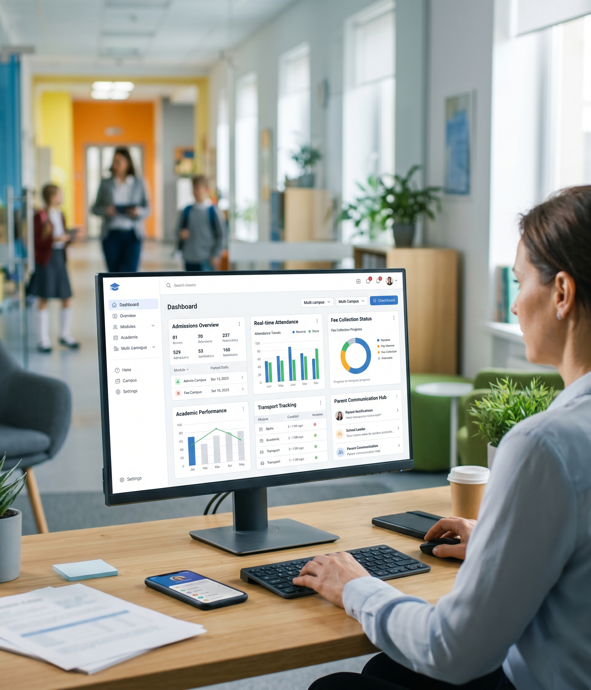 Modern school ERP dashboard for multi-campus K-12 group — admissions, fees, and parent app