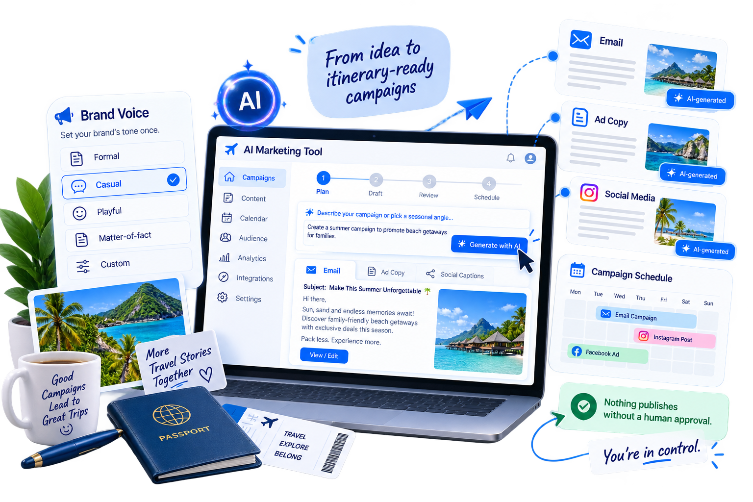 Brand voice profile setup screen with tone settings and sample copy preview