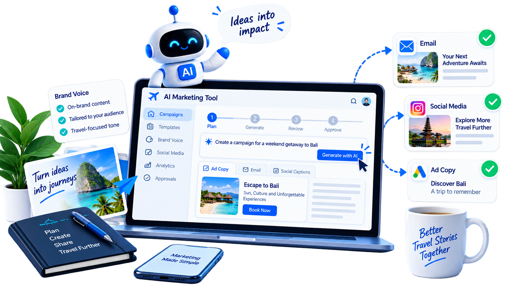 AI marketing tool dashboard turning a campaign brief into ad, email and social copy