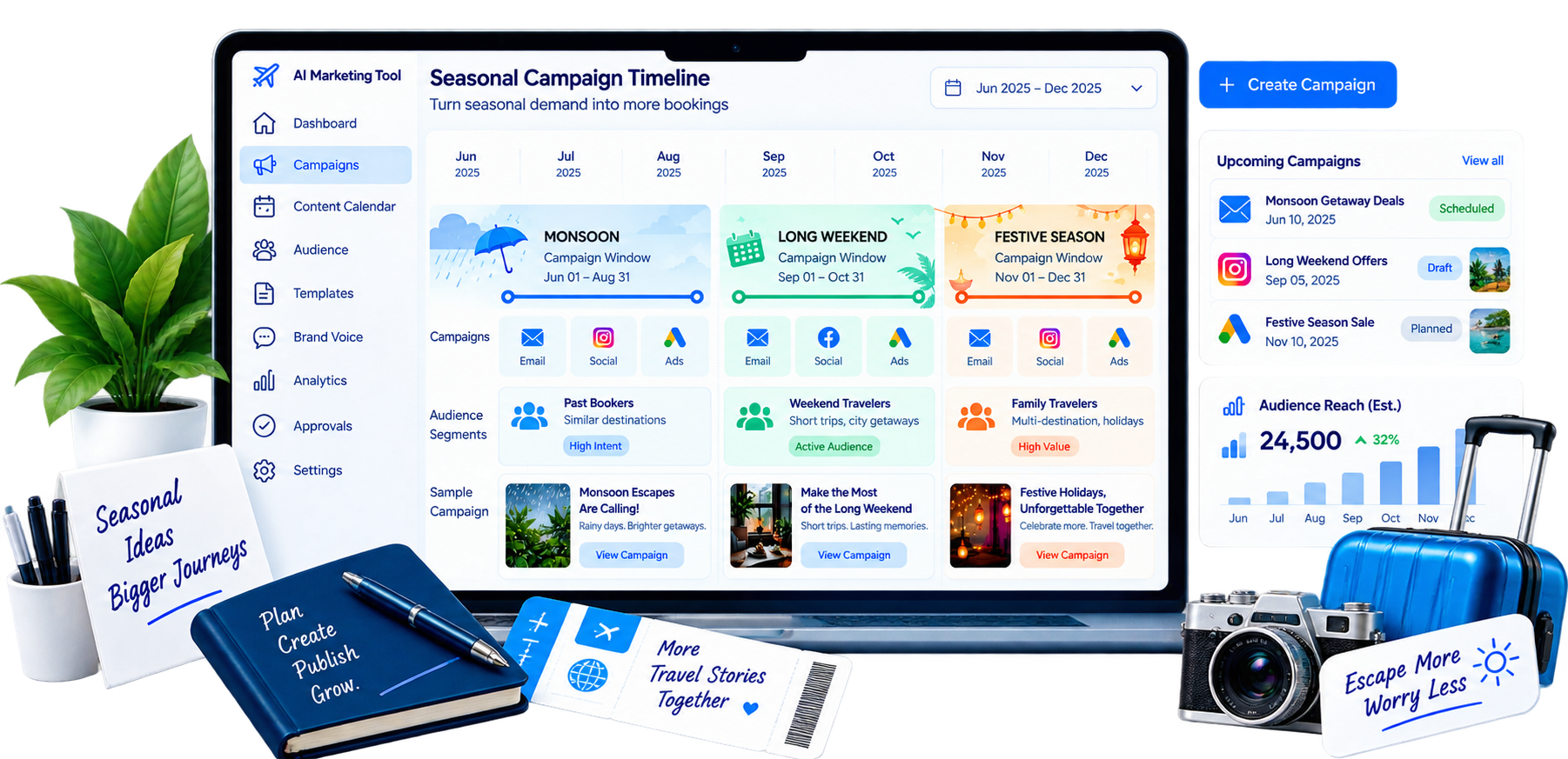 Seasonal travel marketing timeline with monsoon, long-weekend and festive campaign windows