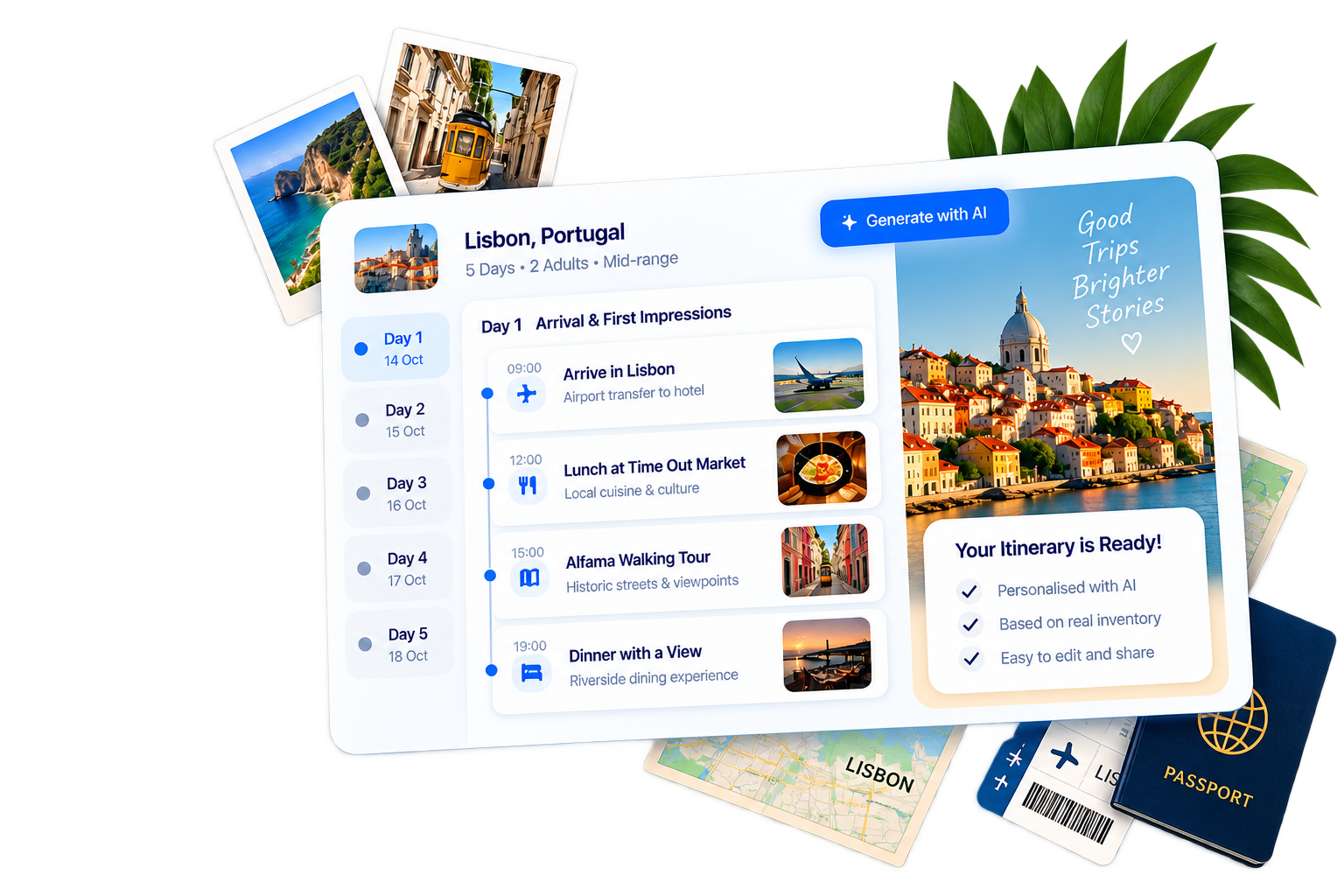 AI travel itinerary builder dashboard showing a generated day-by-day trip plan