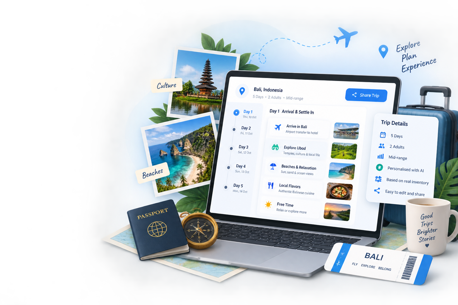 AI travel itinerary builder screen showing a generated multi-day plan with editable blocks