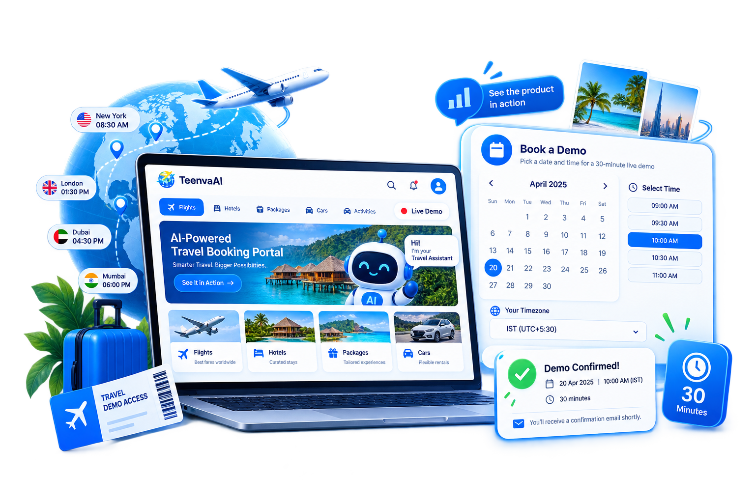 Book a 30-minute live demo of the travel portal product with timezone-aware scheduling