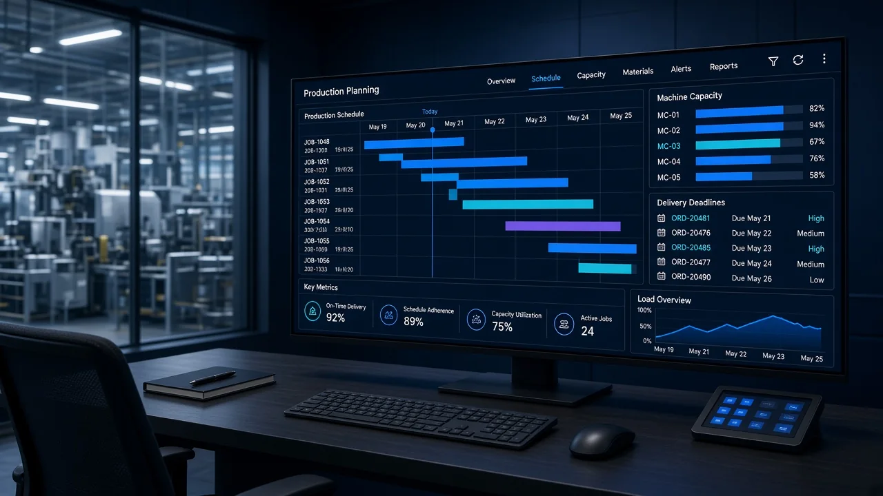 Production planning and scheduling dashboard for manufacturing ERP