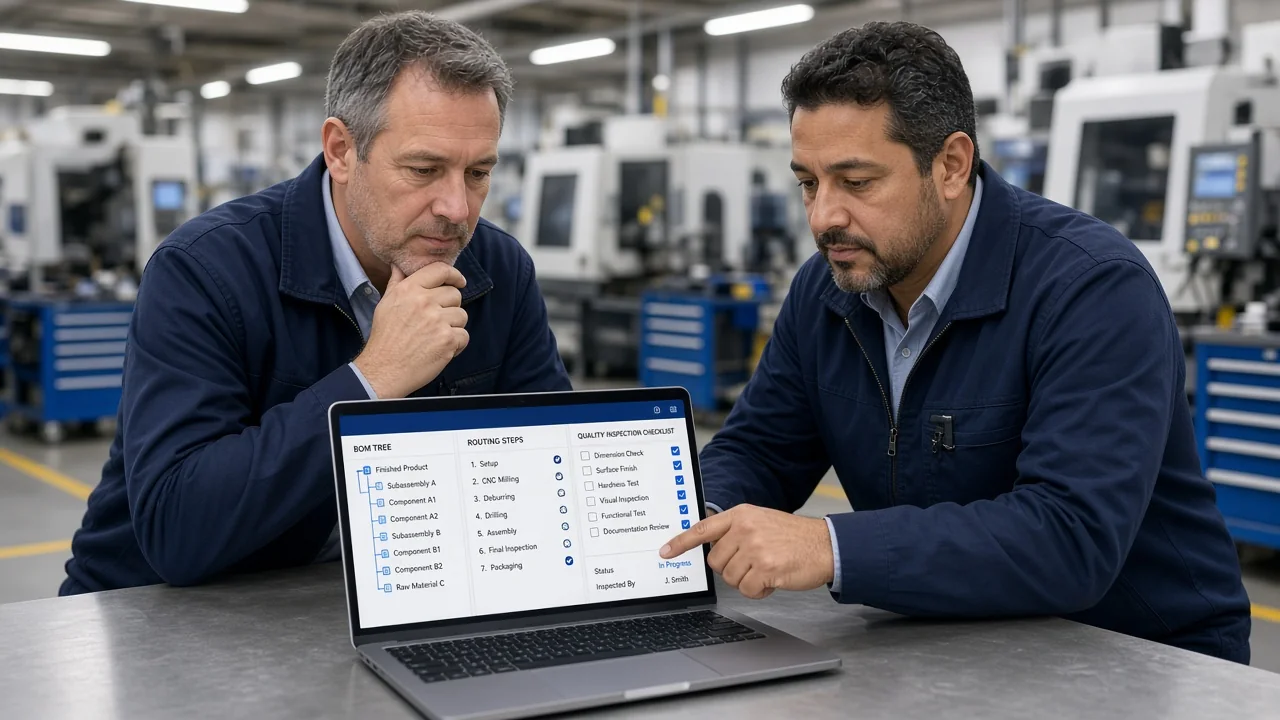 Plant managers reviewing shop-floor ERP on a laptop
