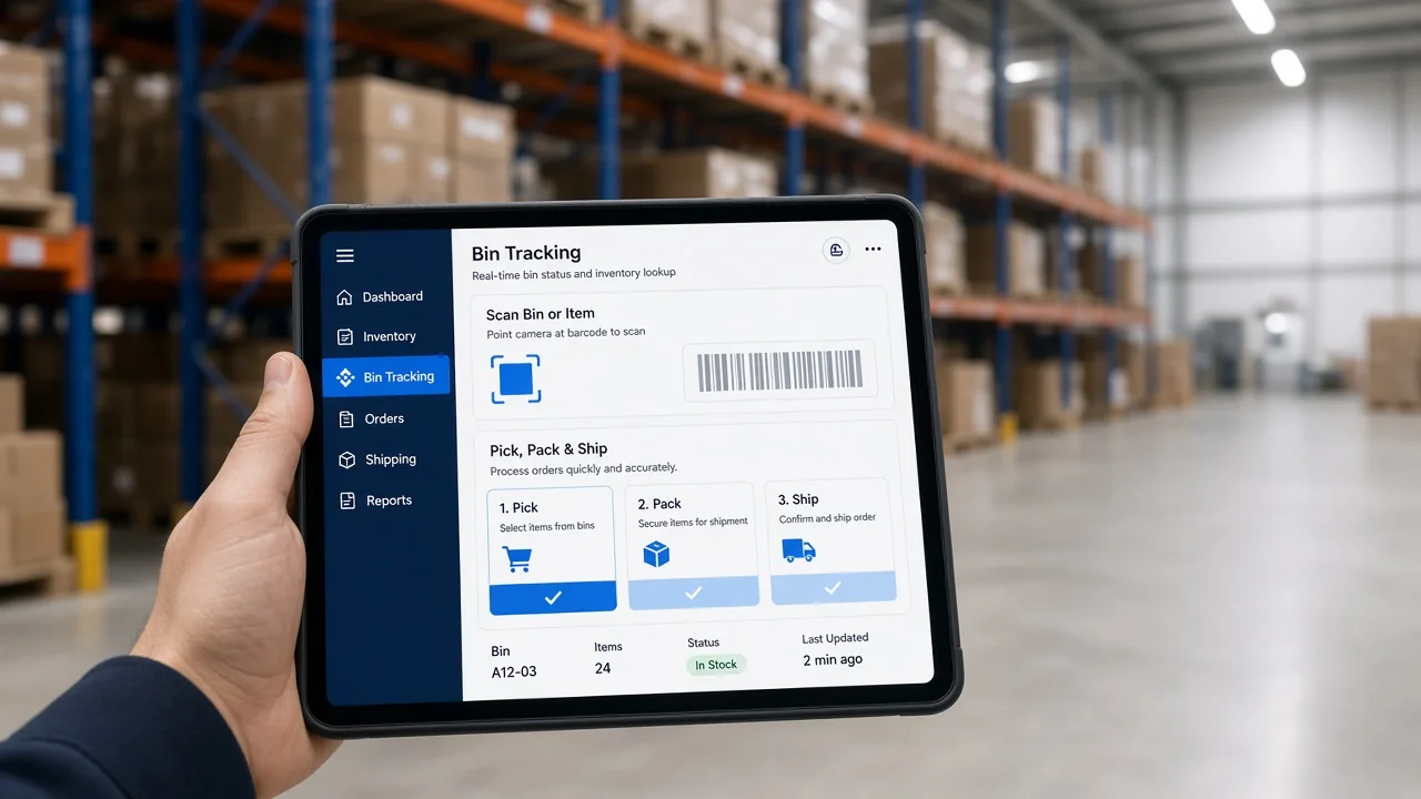 Warehouse bin tracking and inventory ERP on a tablet